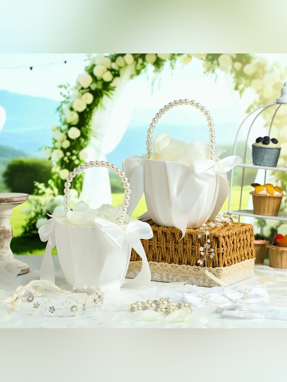 White Pearl Handle Wedding Flower Girl Basket